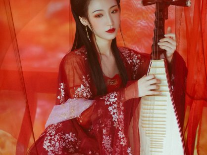 气质妹子柳若汐红妆古风汉服文化美女照 唯美清新美少女红衣琵琶美女图