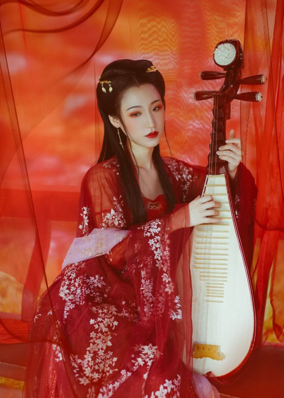 气质妹子柳若汐红妆古风汉服文化美女照 唯美清新美少女红衣琵琶美女图